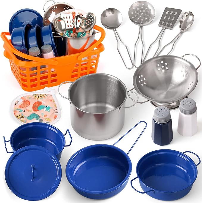 Kids Play Kitchen Toy Accessories Set Toddler Cooking Playset Colorful Stainless Steel Pots and Pans Birthday Gifts for 3+ Girls Boys (Blue)