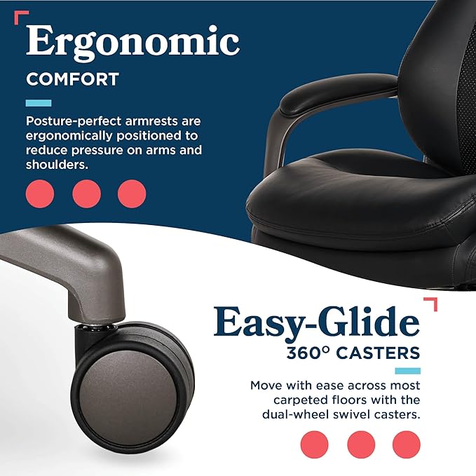 La-Z-Boy Nova Vegan Leather Modern Executive Ergonomic Design Office Chair, Memory Foam Thick Contoured Seat Back with Patented Lumbar Support Technology, Soft to Medium Sit Comfort, Black