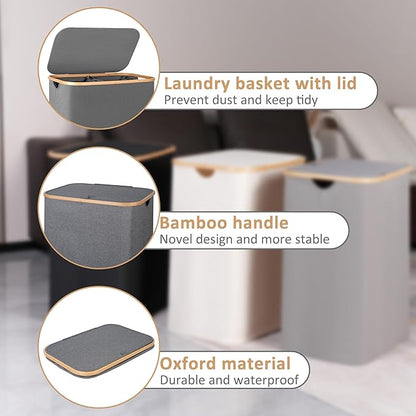 iEGrow Laundry Basket with Lid, 110L Laundry Hamper with Bamboo Handle,Clothes Basket Organizer with Removable Inner Bag for Clothes Toys Towels,Light Grey