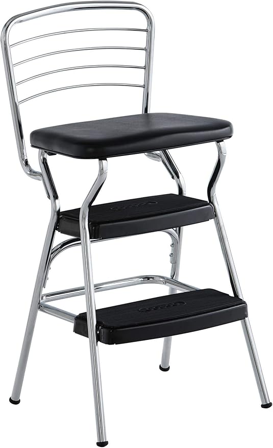 COSCO Stylaire Retro Chair + Step Stool with Flip-Up Seat, Black