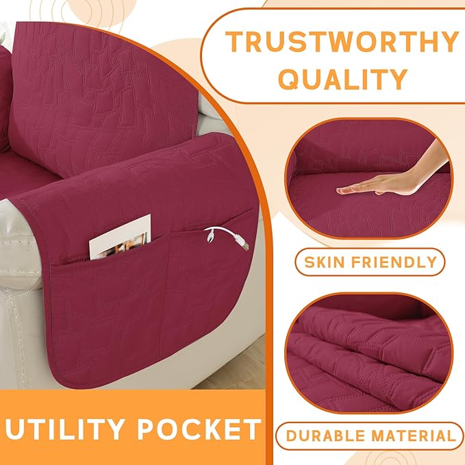 XINEAGE 100% Waterproof Recliner Chair Covers with Elastic Straps, Nonslip Reclining Couch Covers Washable Recliner Couch Cover with Pockets Furniture Protector for Pets Dogs (Wine Red, 23")