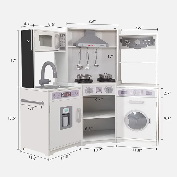 TaoHFE Corner Play Kitchen with Lights and Sounds White Kitchen Kids Toddler Kitchen Set with Washer Chalkboard Wooden Kitchen Kids Playset with Washing Machine Range Hood Girls Boys Gift for Ages 3+
