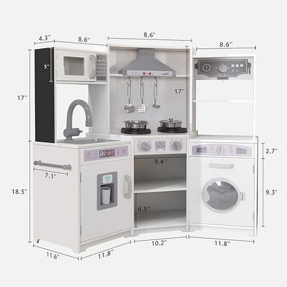 TaoHFE Corner Play Kitchen with Lights and Sounds White Kitchen Kids Toddler Kitchen Set with Washer Chalkboard Wooden Kitchen Kids Playset with Washing Machine Range Hood Girls Boys Gift for Ages 3+
