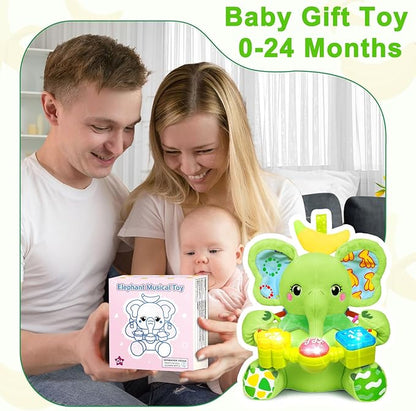 Holaxander Baby Elephant Musical Stuffed Animals Toy with Light-Up Music & Crinkle Sound Paper,Infant Bilingual Early Learning Education Toys,Tummy Time Toys for 0-3-6-12+ Months Boy Girl, Green