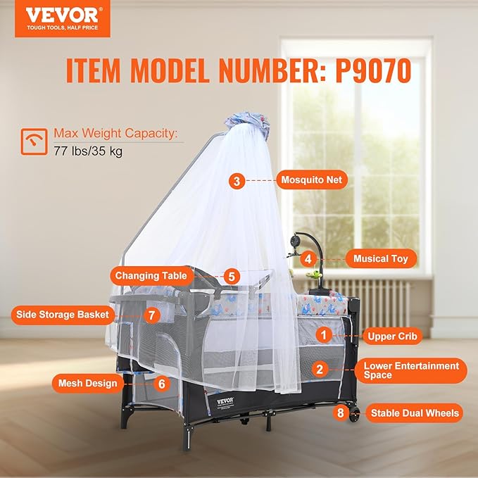 VEVOR Baby Bassinet, Pack and Play Bassinet Fold Portable Baby Bedside Sleeper Crib with Changing Table, Baby Playards Bed with Mosquito Net(Two Wheels)…