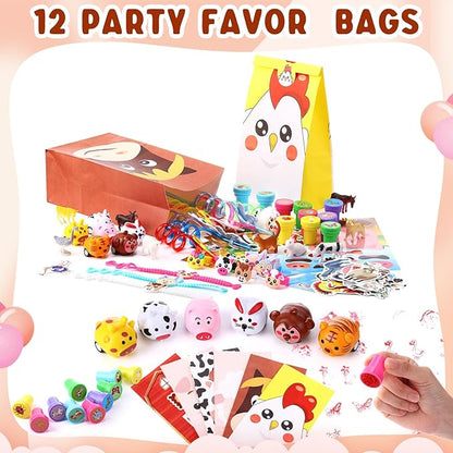 182 Pcs Farm Animals Party Favors Set Animal Models Keychains Straws Bracelets Stickers Masks Farm Paper Bags Toy Cars Gifts for Birthday Party Goody Bag Stuffer