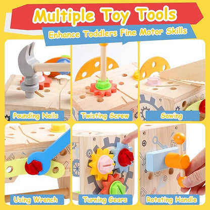 Kids Tool Set, Wooden Toddler Tools Bench Toys for 2 3 Year Old Boys Girls, Montessori Toys for Ages 2-4 STEM Educational Construction Toys for 3 4 5 Year Old Birthday Gift for Toddlers (52 PCS)