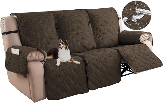 Easehomey Waterproof Recliner Sofa Cover,Non-Slip Reclining Sofa Covers for 3 Seat,Washable Reclining Sofa Cover Furniture Protector with Elastic Straps Pocket for Kids, Pets(Coffee,3Seat)