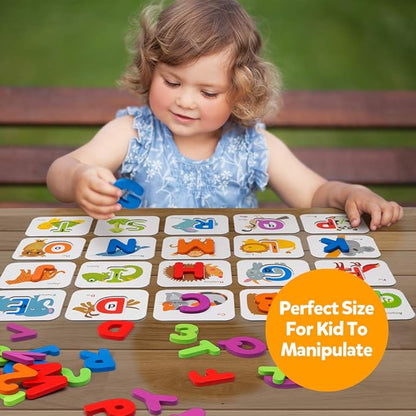 Coogam Numbers and Alphabets Flash Cards Set - ABC Wooden Letters and Numbers Animal Pattern Board Matching Puzzle Game Montessori Educational Learning Toys Gift for Preschool Kids Age 3 4 5 Years