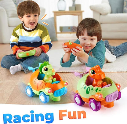 Remote Control Car for Toddlers 1-3: Dinosaur RC Cars Toys for Kids 2-4 with Led Lights Music, Christmas Birthday Gifts for 3-5 Year Old Boys, 2 Packs for Racing