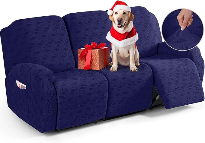 TAOCOCO Recliner Sofa Covers Stretch Reclining Couch Cover, Jacquard Recliner Couch Cover for 3 Seat Furniture Protector Sofa Slipcovers with Elastic Bottom for Kids, Pets (Dark Blue)
