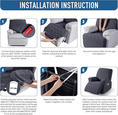 TAOCOCO Recliner Cover 3 Pieces Recliner Chair Covers, Stretch Jacquard Reclining Chair Cover, Furniture Protector Sofa Slipcovers Couch Covers with Elastic Bottom for Kids, Pets (Dark Grey)