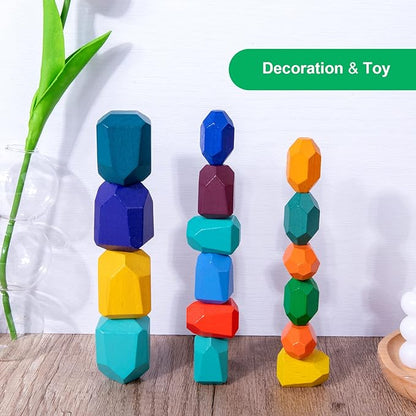 WODI Wooden Rainbow Stacking Stones 16Pcs Wood Sorting Balancing Rocks Blocks Montessori Educational Toys for Toddler Kids 3 Years Up Developing Skills