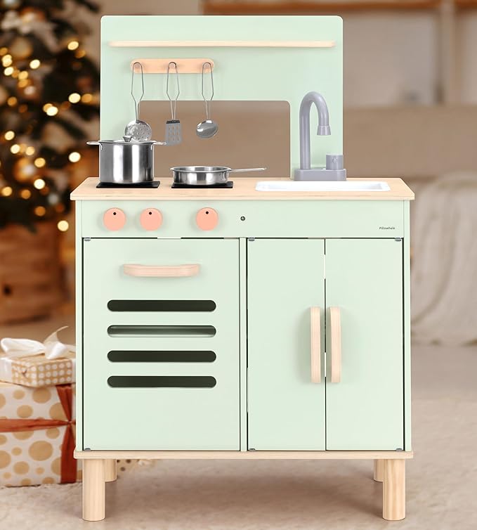 Play Kitchen for Kids, Wooden Toy Kitchen with Cookware Accessories, Chef Pretend Toddler Kitchen Playset, Best Gift for Girls & Boys Ages 3+