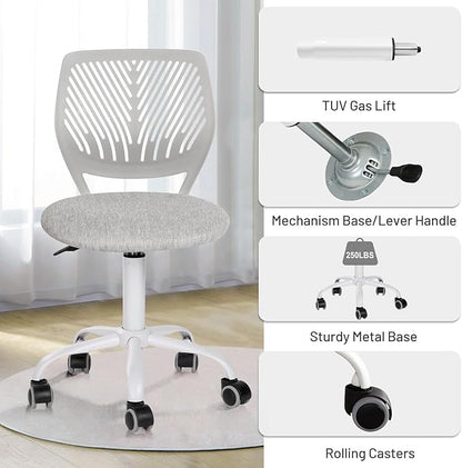 FurnitureR Desk Chair Armless, Study Computer Chair Adjustable Swivel for Student Children Kids, Comfy Cute Home Office Chair Fabric Seating Cushion and Plastic Low-Back with Rolling Wheels, Grey