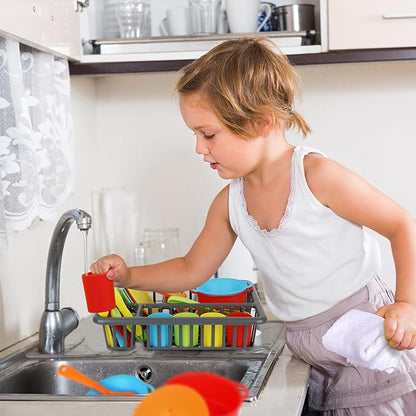 Kids Play Dishes with Drainer - 27PC Tableware & Pretend Kitchen Accessories, Plastic Play Set - Durable and Colourful for Children Ages 3+