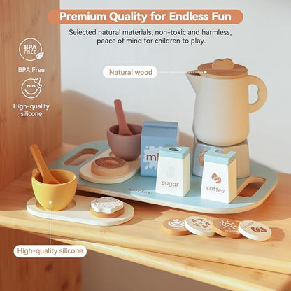 EERKEOD Tea Party Set for Kids Wooden Tea Sets for Toddler Girl Toys Pretend Play for Little Girls Kitchen Play Food Accessories Sets Wooden Educational Toys Gifts with Silicone