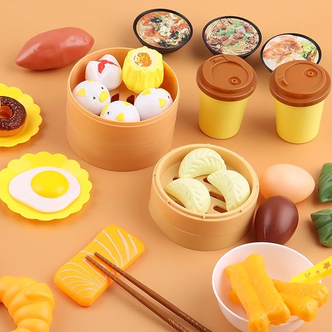 Pretend Play Toy Food Kitchen Set, Asia Dim Sum Set for Kids, Tea Time Toys Sweet Treats Suitable for Café , Birthday for Boys Girls