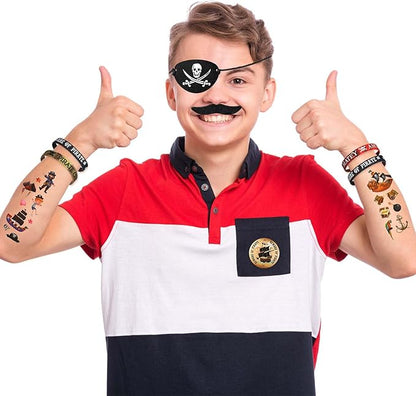 144 Pcs Pirate Party Favors Supplies Include Pirate Bracelet Nautical Tattoo Button Pin Eye Patch Gold Coin Gem Ring Mustache Organza Bag for Kids Boy Pirate Birthday Party Goodie Bag Fillers
