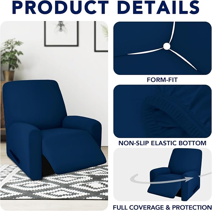 PureFit 100% Dual Waterproof Recliner Cover, Waterproof Couch Cover for Recliner - Stretch Non Slip Fleece Sofa Covers Washable, Leakproof Furniture Protector for Kids, Pets, Dog (Recliner, Navy)