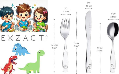 Exzact Kids Flatware 6 Pieces Stainless Steel Children Silverware 2 x Forks, 2 x Knives, 2 x Spoons,Toddler Utensils, Dishwasher Safe, 24 Months+ (Dinosaurs Engraved)