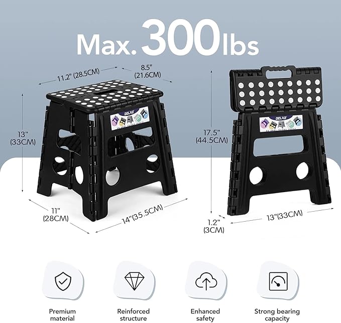 Delxo Folding Step Stool, 13 inch Non-Slip Foldable Stools for Kids & Adults Up to 300 LBS, Step Stool with Handle, Lightweight for Kitchen, Bathroom, Bedroom, Garden, Black, 1PC