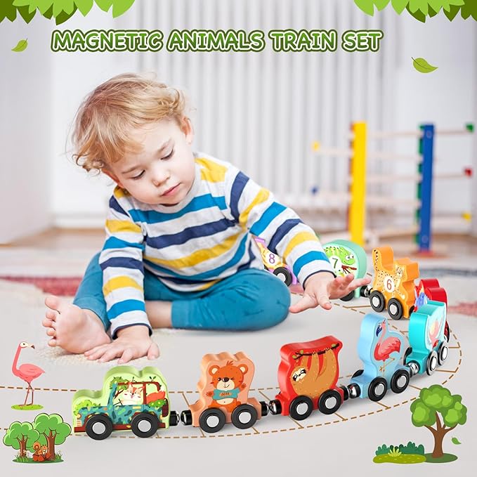 Toys for Toddlers, 11 Magnetic Wooden Animals Train Set, Montessori Toys for Toddlers, Learning Activities, Sensory Toys for Kids, Birthday Gifts for Boys, Girls