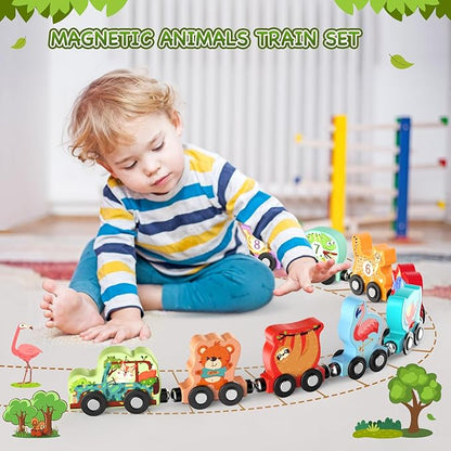Toys for Toddlers, 11 Magnetic Wooden Animals Train Set, Montessori Toys for Toddlers, Learning Activities, Sensory Toys for Kids, Birthday Gifts for Boys, Girls