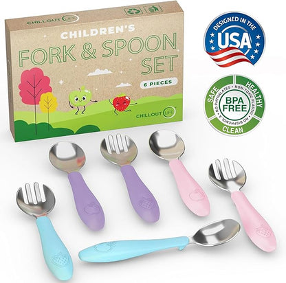 CHILLOUT LIFE Toddler Utensils, Kids Silverware with Silicone Handle, Stainless Steel Metal Toddler Forks and Spoons Safe Baby Cutlery Set for Self Feeding BPA Free Dishwasher Safe