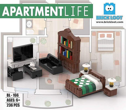 Brick Loot Toy Building Blocks Furniture Minifigure City Set Kit, For Adults & Kids Age 6+, 100% Compatible with Lego & Major Brands, Includes Bookcase, TV, Bed, Couch, Chair, Coffee Table, 236 Pieces