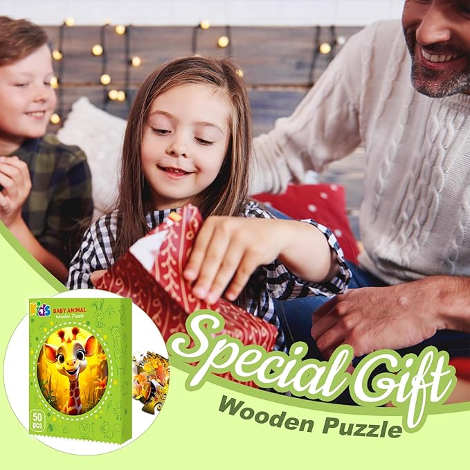 Wooden Jigsaw Puzzles for Kids Ages 4-6, 50 Piece Unique Shape Animal Theme Puzzle - Preschool Learning Educational Toys for Kids 3+, Valentines Day Birthday Easter Gifts for Kids Girls Boys (giraffe)