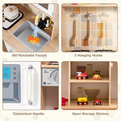 KOTEK Play Kitchen, Wooden Toddler Kitchen Playset w/Light and Sound/Blackboard/Microwave/Ice Maker/Oven/Stove/Faucet, Chef Pretend Play Toy, Kitchen Set for Kids, Gift for Girls Boys Age 3+(Natural)