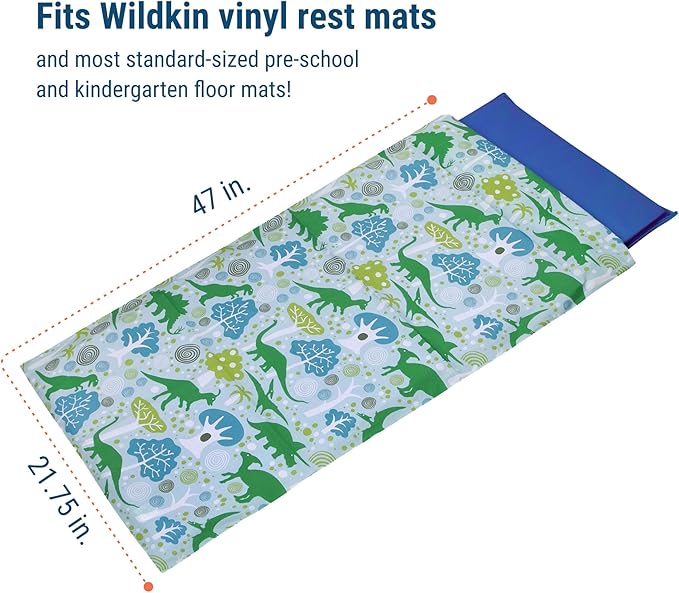 Wildkin Kids Nap Mat Cover for Boys & Girls, Sewn-in Flap Design Rest Mat Cover, Perfect for Preschool & Daycare, Fits our Vinyl Nap Mat up to 1.5 Inches Including Basic Sleep Mat (Dinomite Dinosaurs)
