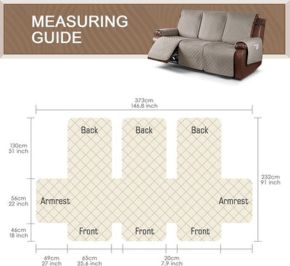 KinCam Waterproof Recliner Sofa Cover, Non-Slip Reclining Couch Covers for 3 Seat, Recliner Couch Cover Furniture Protector with Elastic Straps for Pets, Kids, Khaki