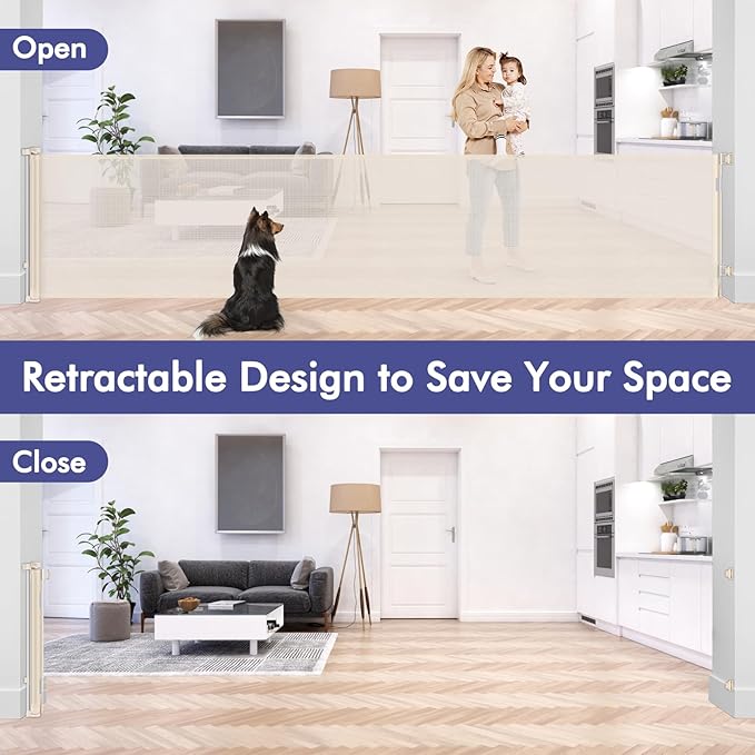 145 Inch Retractable Baby Gates Extra Wide Retractable Dog Gate for Large Openings – Indoor Extra Long Baby Gate Retractable Fence Outdoor Mesh Baby Gate Retractable Pet Gate Long Dog Gate, Beige