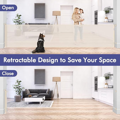 145 Inch Retractable Baby Gates Extra Wide Retractable Dog Gate for Large Openings – Indoor Extra Long Baby Gate Retractable Fence Outdoor Mesh Baby Gate Retractable Pet Gate Long Dog Gate, Beige
