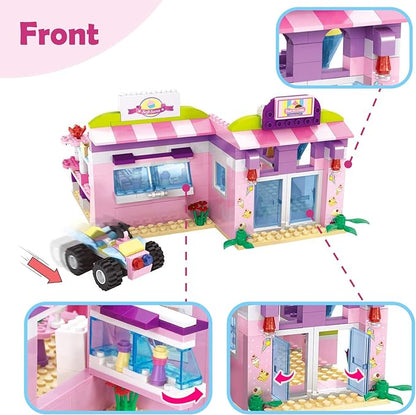 BRICK STORY Girls Friends Ice Cream Shop Building Set Pink Beach Ice Cream Dessert Store Building Blocks Toys with Beach Buggy Friends Beach Vacation Playset for Kids 6-12, 317 Pieces