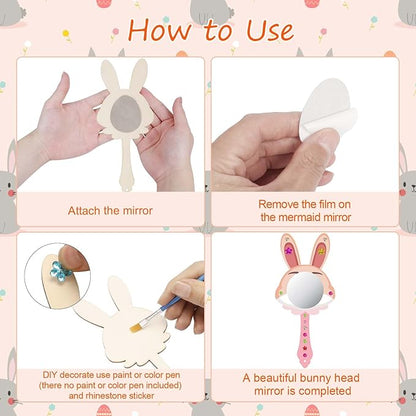 Fennoral 9 Pack Wooden Mirror Craft for Kids Decorate You Own Bunny Mirrors for Girls DIY Paint Wooden Hand Mirror for Art Activities Girls Birthday Gifts