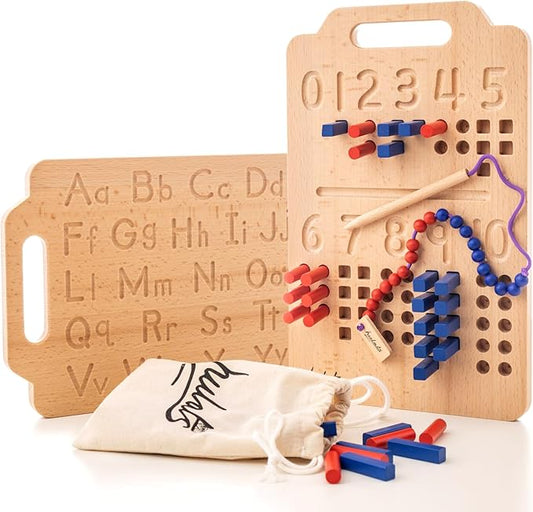 Montessori Counting Peg Board - Number & Letter Tracing Board - Wooden Montessori Alphabet & Counting Toys Toddlers 3+ Years Old - Alphabet Learning + Education Home Schooling Materials Pre-K