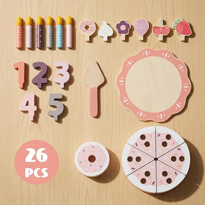 Pretend Play Food for Toddlers 2-5, Wooden Birthday Fake Cake with Candles and Numbers,Tea Party Learning Kitchen Gift Toys for Boys Girls (Pink Cake)