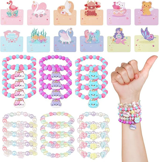 Valentines Cards for Kids Classroom - 24 PCS Valentines Day Gift Cards with Friendship Bracelets, Valentines Day Party Favors , Valentines Day Gifts for Kids Girls