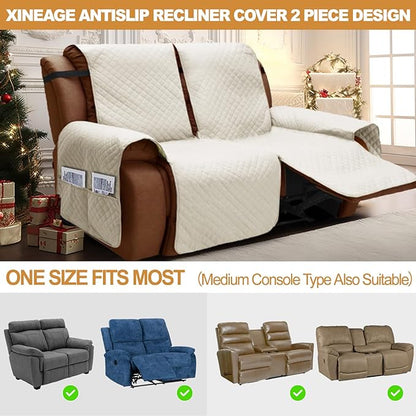 XINEAGE Water Resistant Recliner Cover, 2 seat Recliner Loveseat Covers with Pockets, Quilted Thick Recliner Protector Cover for Dog Pets with Non Slip Backing and Strap (Recliner Loveseat, Beige)