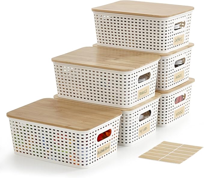 Bagnizer Small Plastic Storage Bins with Bamboo Lids 5.2qt Stackable Box Basket Pantry Decorative Containers Cute with Lable for Organizing Desktop Closet Office Cream White of 6 packs 10*7.2*4.1'’
