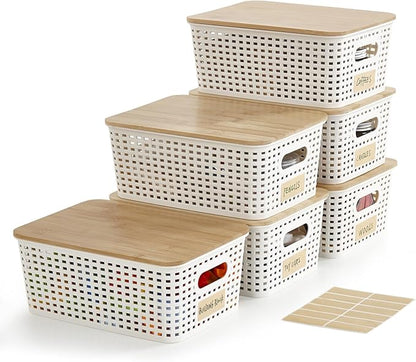 Bagnizer Small Plastic Storage Bins with Bamboo Lids 5.2qt Stackable Box Basket Pantry Decorative Containers Cute with Lable for Organizing Desktop Closet Office Cream White of 6 packs 10*7.2*4.1'’