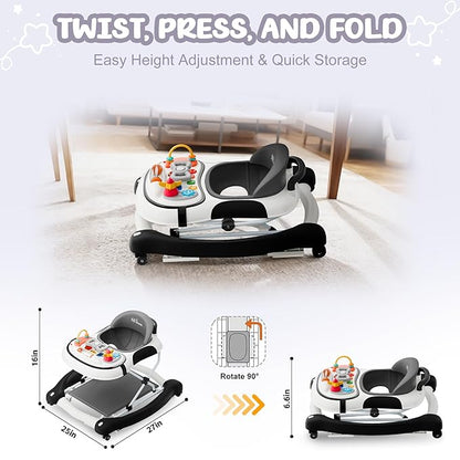 5-in-1 Foldable Baby Walker,Music and Lights Baby Walker with Wheels,Height Adjustable Infant Walker, with Activity Center, Rocker, Bouncer,Push Walker & Feeding Tray for Babies 6-18 Months (Black)