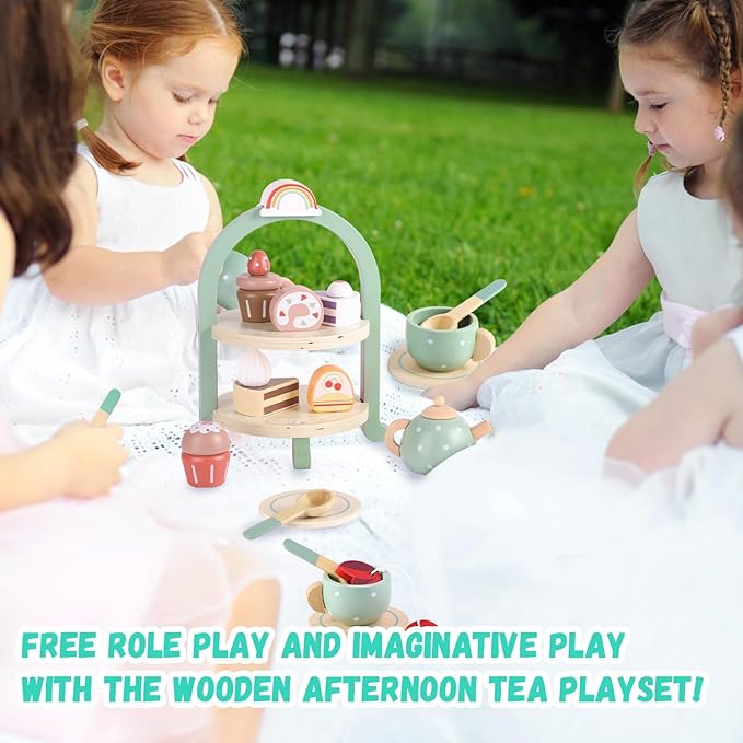 GAGAKU Wooden Tea Set for Little Girls Tea Set for Toddler Food Pretend Play Accessories Kids Kitchen Playset Tea Set for Toddlers
