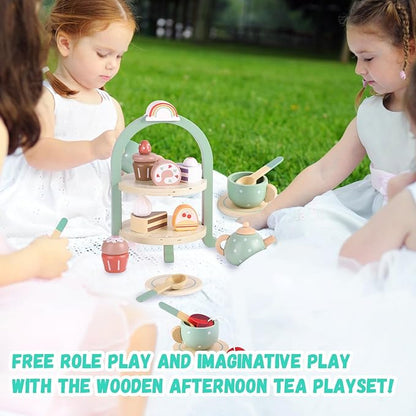GAGAKU Wooden Tea Set for Little Girls Tea Set for Toddler Food Pretend Play Accessories Kids Kitchen Playset Tea Set for Toddlers