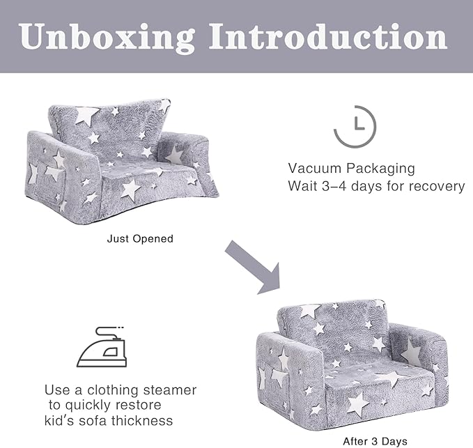 Tiita Kids Chair Couch, Folding Toddler Comfy Sofa Chairs, 2-in-1 Kids Plush Sofa Fold Out, Baby Armrest Chair Sofa to Lounger, Convertible Play Sofas to Bed for Girl or Boy, Grey Star