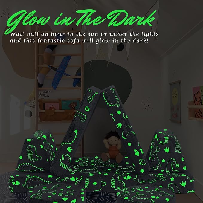 MeMoreCool Modular Glow Dinosaur Sofa for Kids, 8-Piece Convertible Foam Toddler Couch Play Set for Playroom and Children