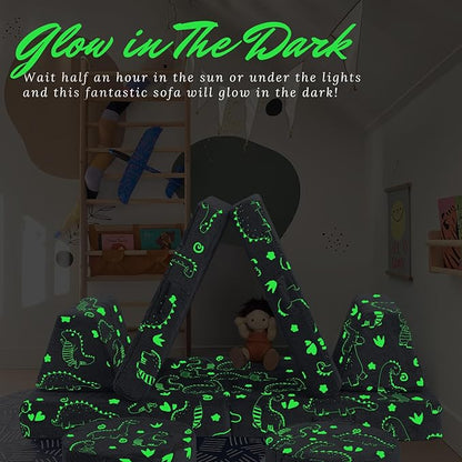 MeMoreCool Modular Glow Dinosaur Sofa for Kids, 8-Piece Convertible Foam Toddler Couch Play Set for Playroom and Children